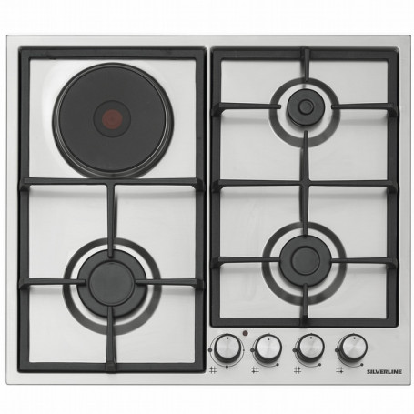 Silverline PLAQUE à GAZ + ÉLECTRIQUE 60CM 4 FEUX INOX 1