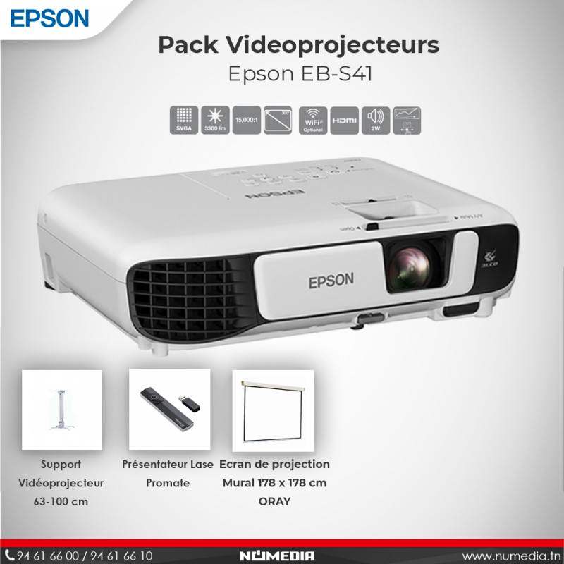 PORT PACK VIDéO PROJECTEUR EBS41, POINTEUR, ECRAN DE PROJECTION MURAL