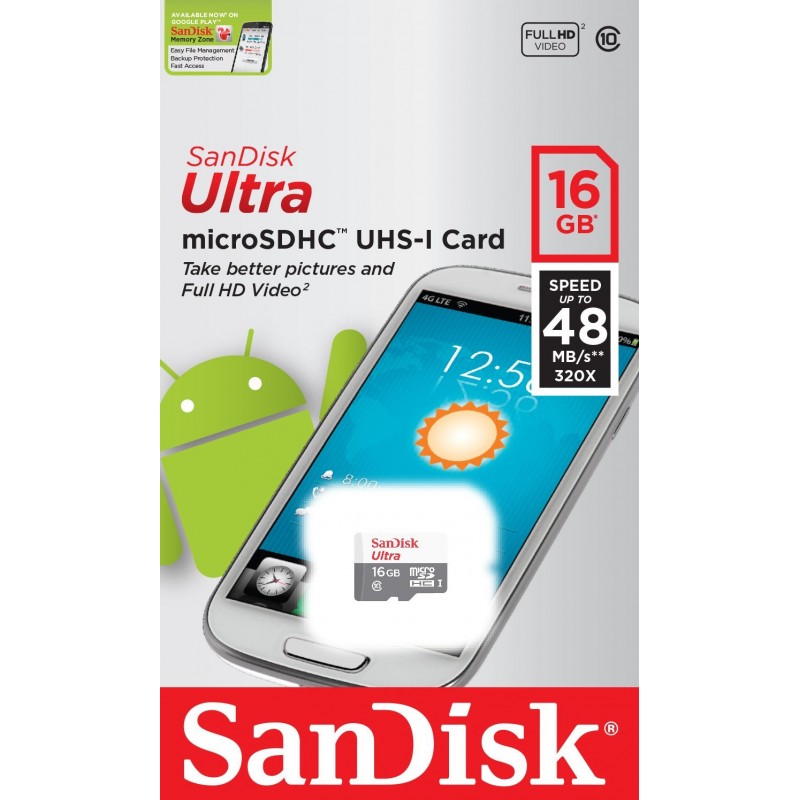 SANDISK CARTE MéMOIRE ULTRA MICROSDHC - UHS-I - CLASS 10 - 16GB SDSQUNB-016G-GN3MN 1