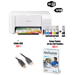 Imprimante Multifonction à réservoir intégré 3en1 couleur Epson ECOTANK L3156 / WiFi + Rame Papier A4 + Câble USB Offerts